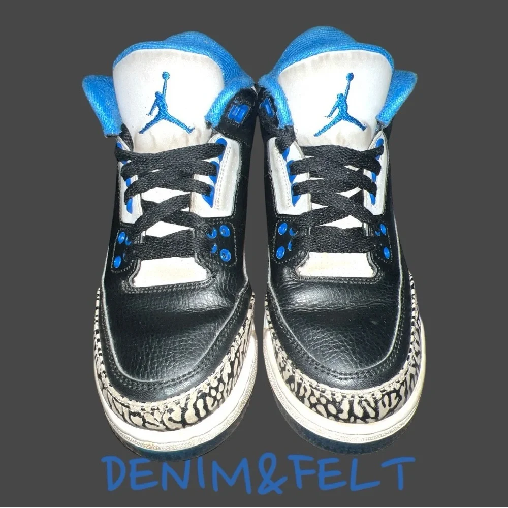 NIKE AIR JORDAN 3 RETRO GS‎ BLACK-SPORT BLUE-GREY SHOE | PRELOVED!!👟👟💙💙